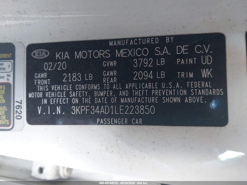 VIN 3KPF34AD1LE223850 2020 KIA FORTE GT-LINE