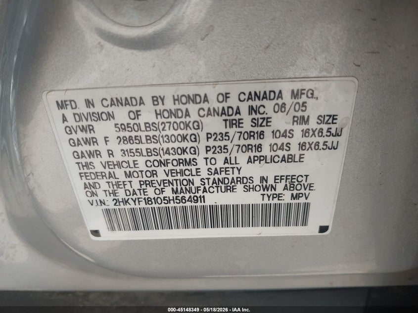 2005 HONDA PILOT SPORT UTILITY VEHICLE 3.5L V-6 VVT, 255HP