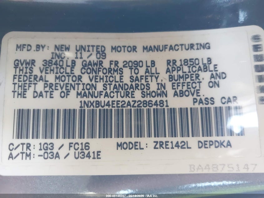 2010 Toyota Corolla 1.8 Le Grey Lot 111045148357 Vin 1NXBU4EE2AZ286481