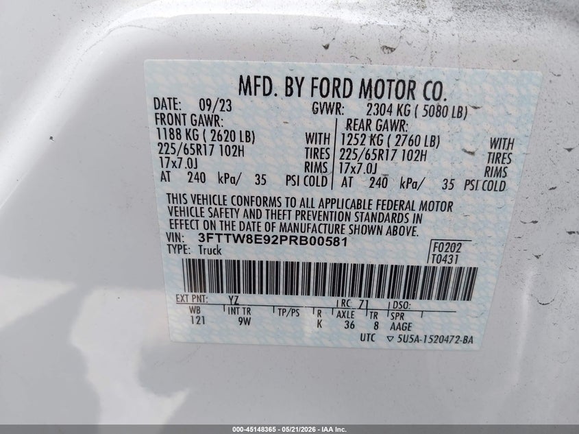 2023 Ford Maverick Xl VIN: 3FTTW8E92PRB00581 Lot: 45148365