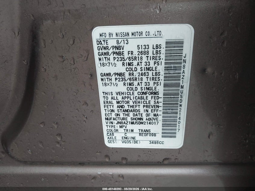 2013 Nissan Murano S VIN: JN8AZ1MU5DW214017 Lot: 45148393