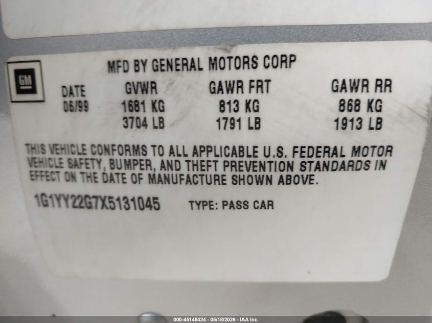 1999 Chevrolet Corvette VIN: 1G1YY22G7X5131045 Lot: 45148424