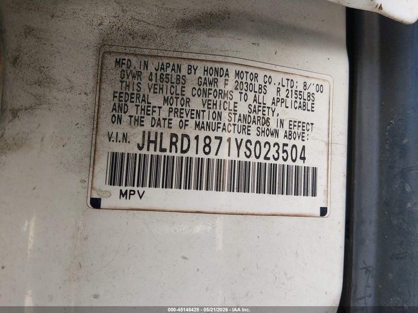 2000 Honda Cr-V Special Edition VIN: JHLRD1871YS023504 Lot: 45148428