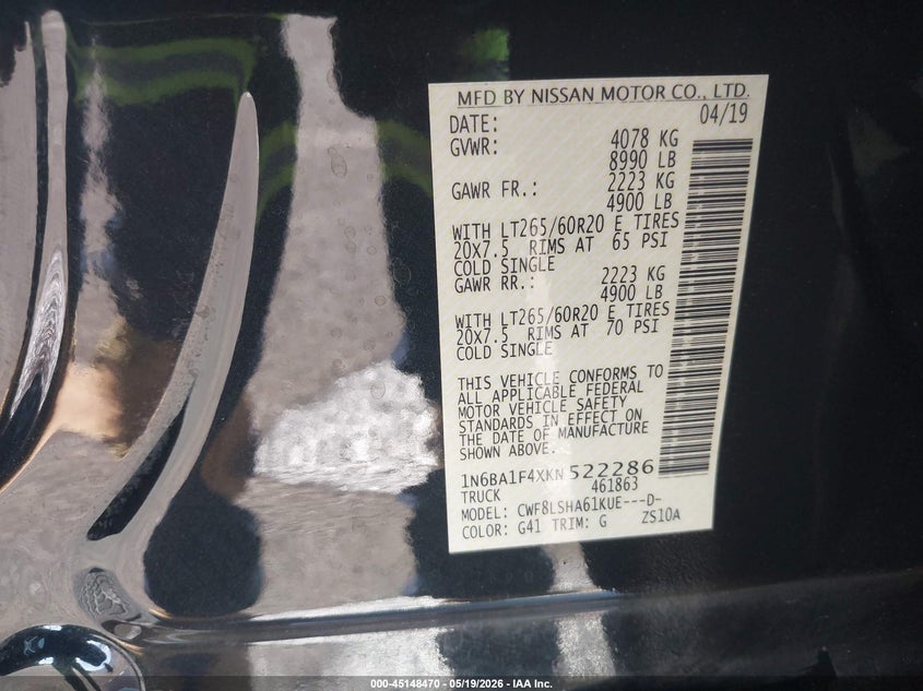 2019 Nissan Titan Xd Sv Diesel VIN: 1N6BA1F4XKN522286 Lot: 45148470