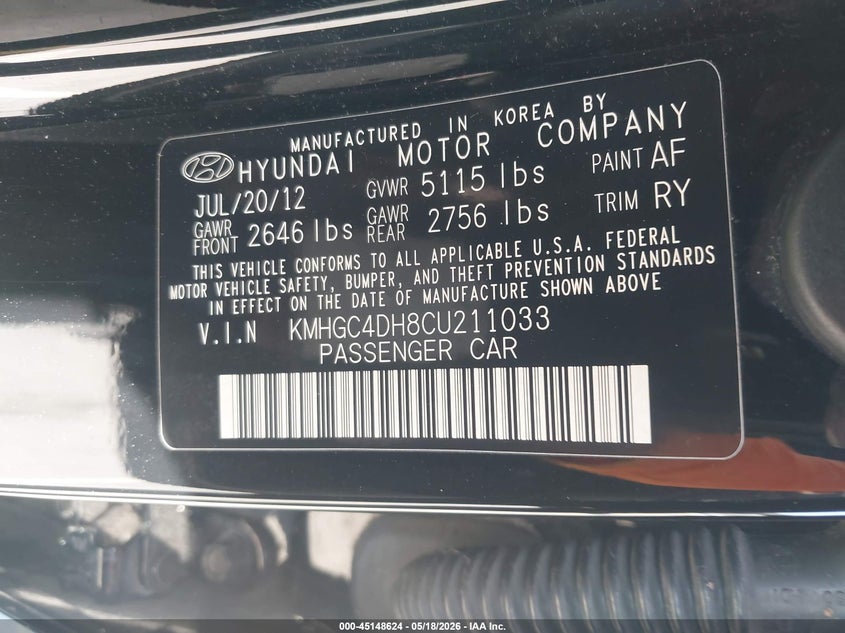 2012 Hyundai Genesis 5.0 VIN: KMHGC4DH8CU211033 Lot: 45148624