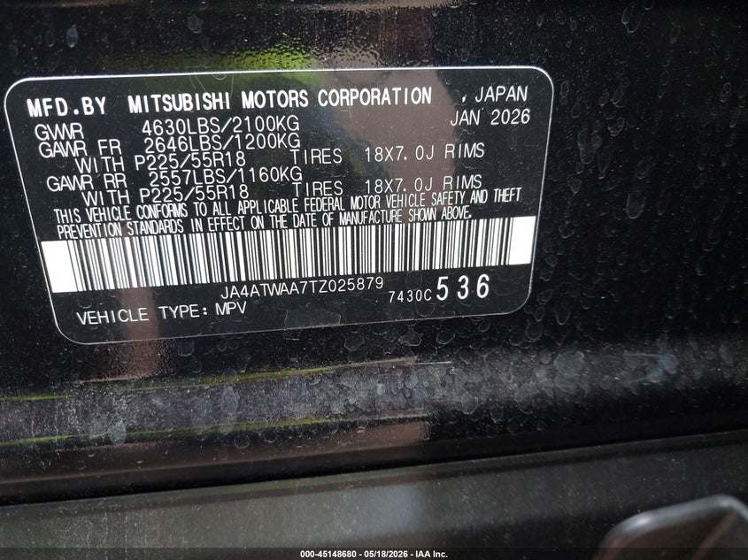 2026 Mitsubishi Eclipse Cross Black Edition S-Awc/Se S-Awc/Sel S-Awc VIN: JA4ATWAA7TZ025879 Lot: 45148680