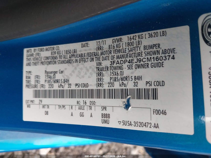 2012 Ford Fiesta Se VIN: 3FADP4EJ9CM160374 Lot: 45148701