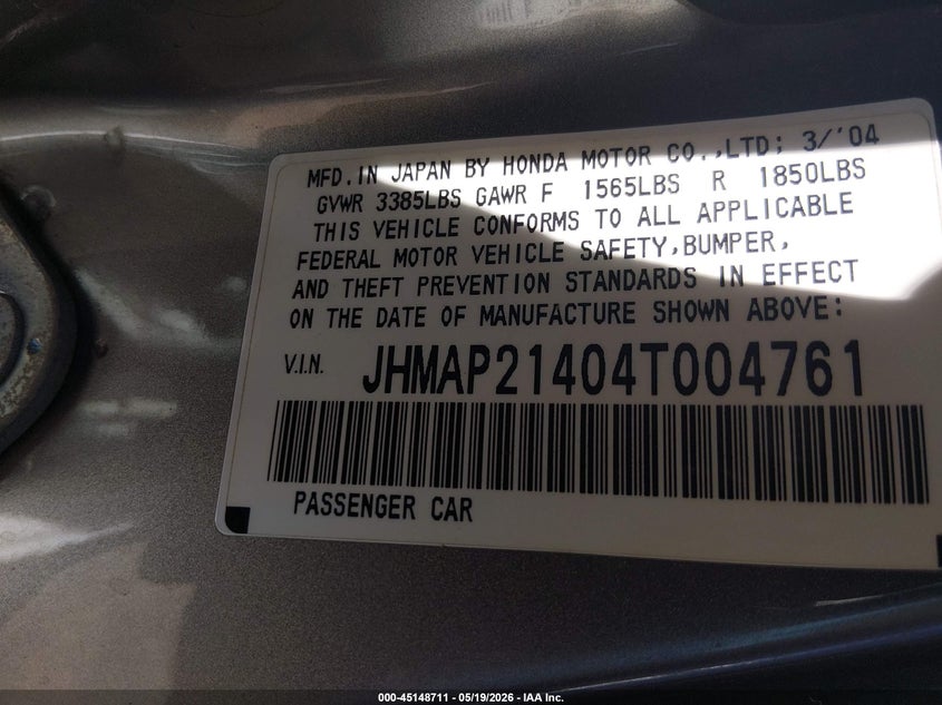 2004 Honda S2000 VIN: JHMAP21404T004761 Lot: 45148711
