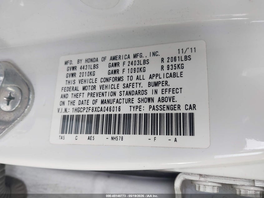 2012 HONDA ACCORD SEDAN 2.4L I-4 DOHC, VVT, 190HP
