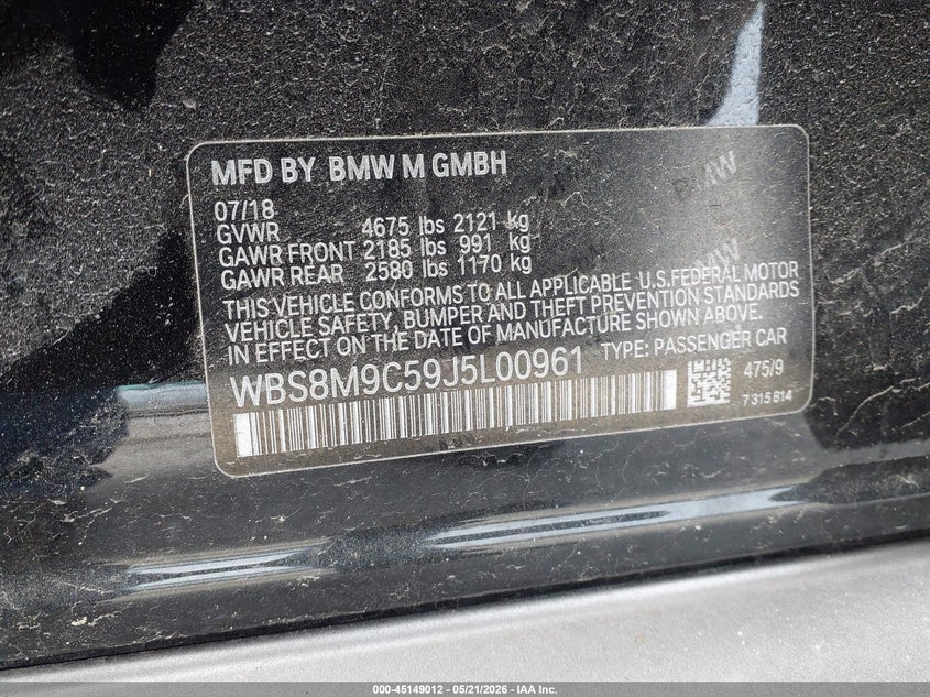 2018 BMW M3 VIN: WBS8M9C59J5L00961 Lot: 45149012