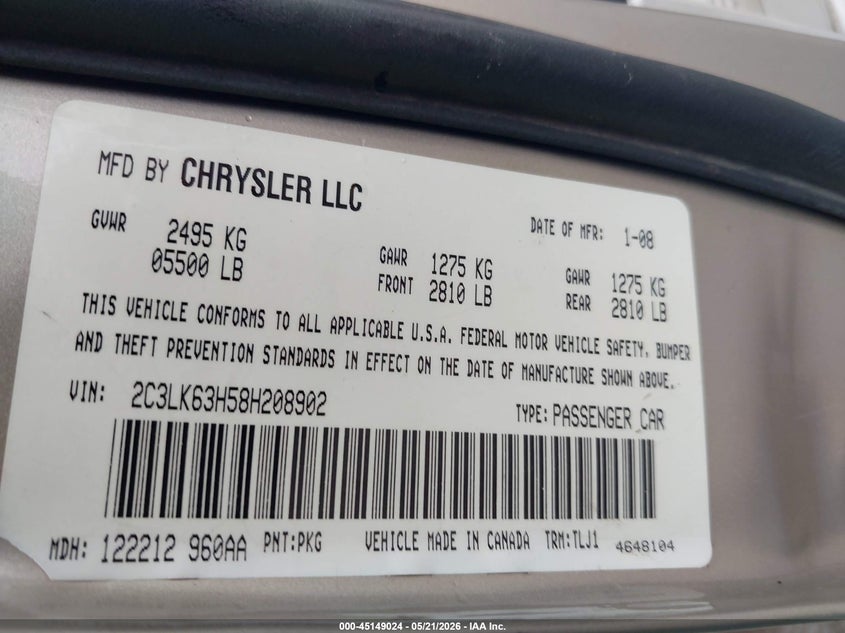 2008 Chrysler 300C VIN: 2C3LK63H58H208902 Lot: 45149024