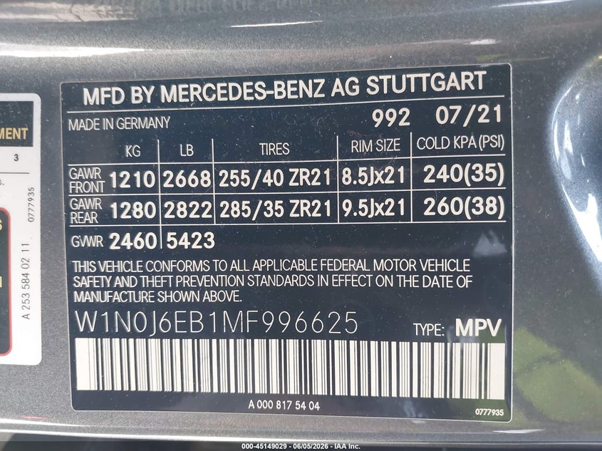 2021 MERCEDES-BENZ AMG GLC 43 COUPE 3.0L V-6 DI, DOHC, V(VIN: W1N0J6EB1MF996625