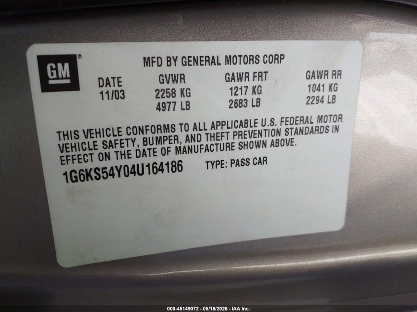 2004 Cadillac Seville Sls VIN: 1G6KS54Y04U164186 Lot: 45149072