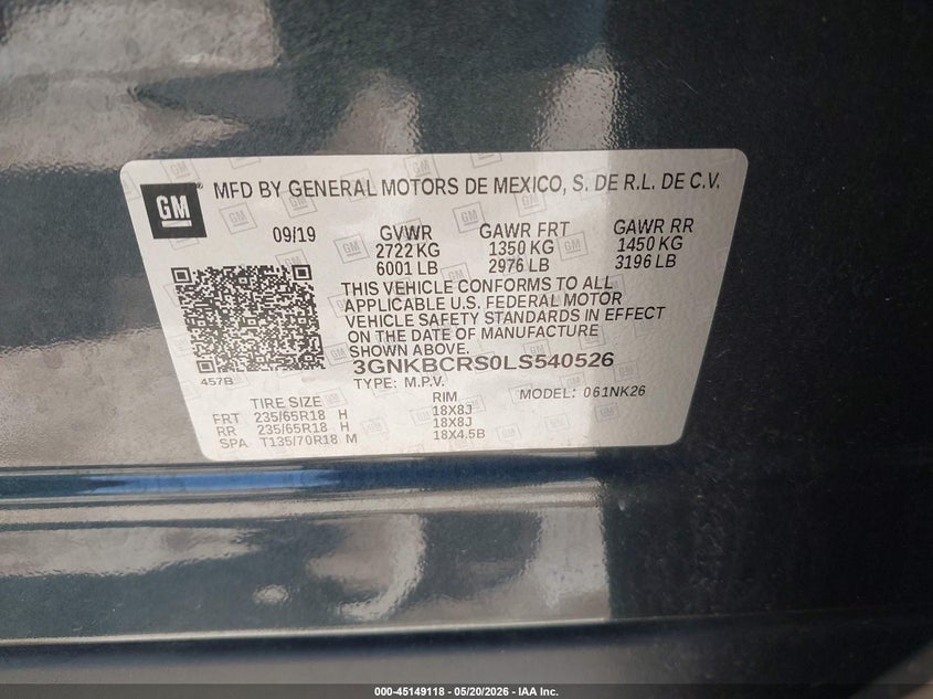 VIN 3GNKBCRS0LS540526 2020 CHEVROLET BLAZER FWD 2LT