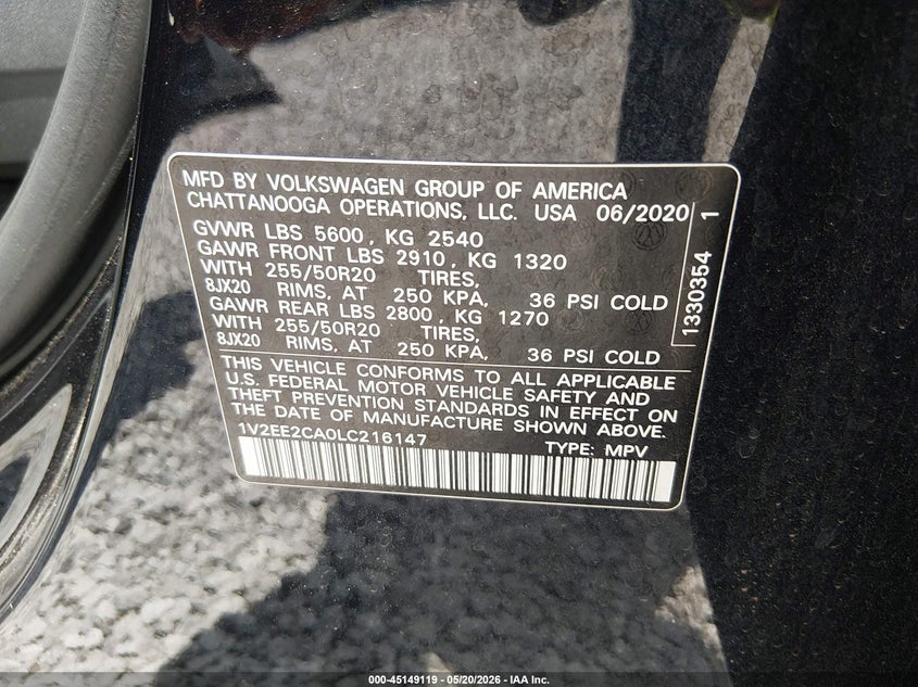 2020 Volkswagen Atlas Cross Sport 3.6L V6 Sel VIN: 1V2EE2CA0LC216147 Lot: 45149119