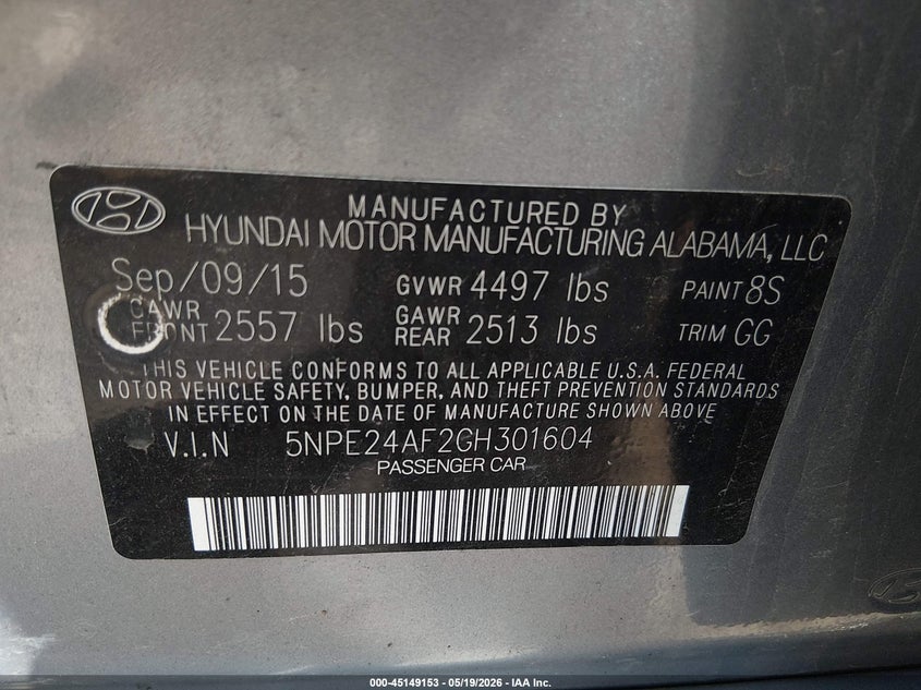 2016 HYUNDAI SONATA SEDAN 2.4L I-4 DI, DOHC, VVT, 185HP