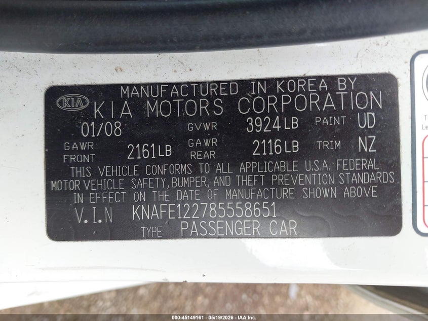 2008 Kia Spectra Ex VIN: KNAFE122785558651 Lot: 45149161