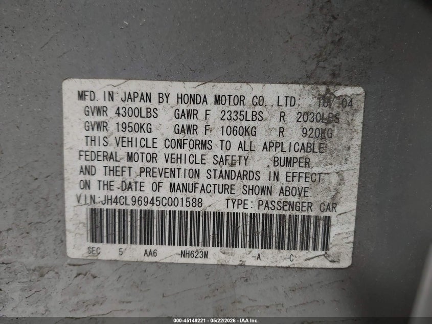 2005 Acura Tsx Base W/Navigation (A5) VIN: JH4CL96945C001588 Lot: 45149221