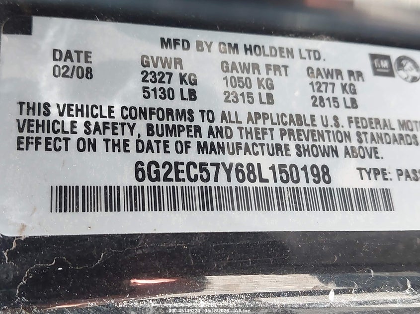 2008 Pontiac G8 Gt VIN: 6G2EC57Y68L150198 Lot: 45149224