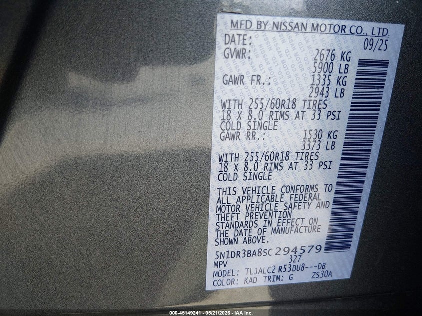 VIN 5N1DR3BA8SC294579 2025 NISSAN PATHFINDER SV FWD