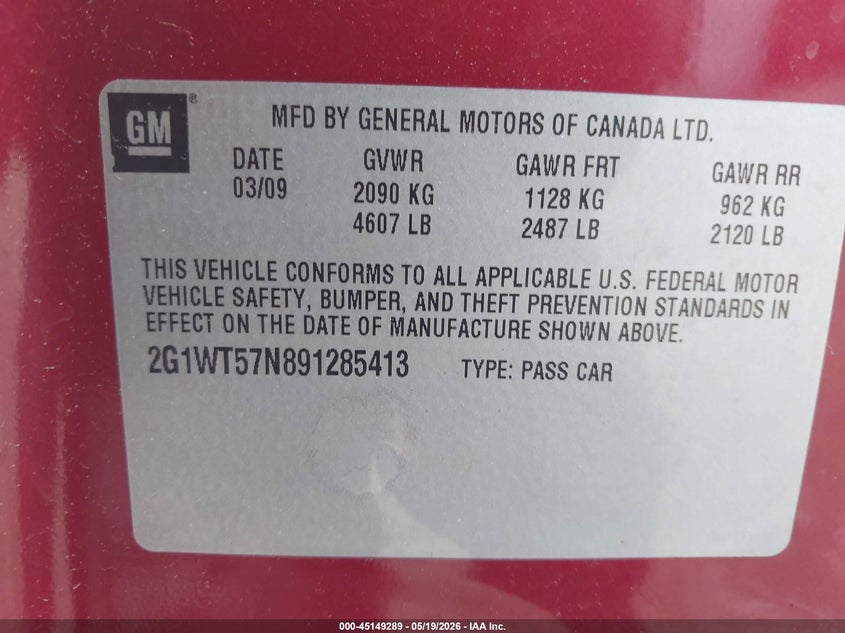 2009 Chevrolet Impala 3.5 Lt brown Lot 111045149289 Vin 2G1WT57N891285413