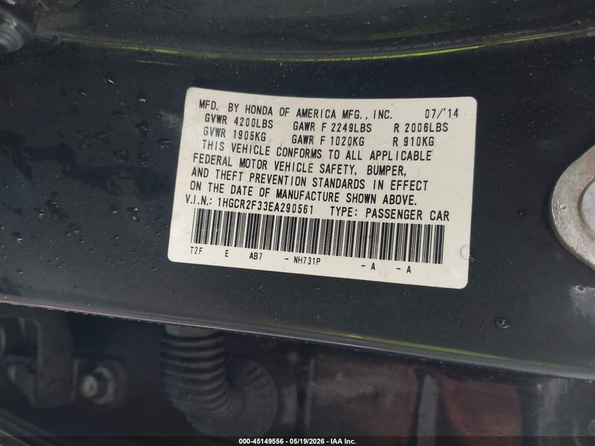2014 HONDA ACCORD SEDAN 2.4L I-4 DI, DOHC, VVT, 185HP