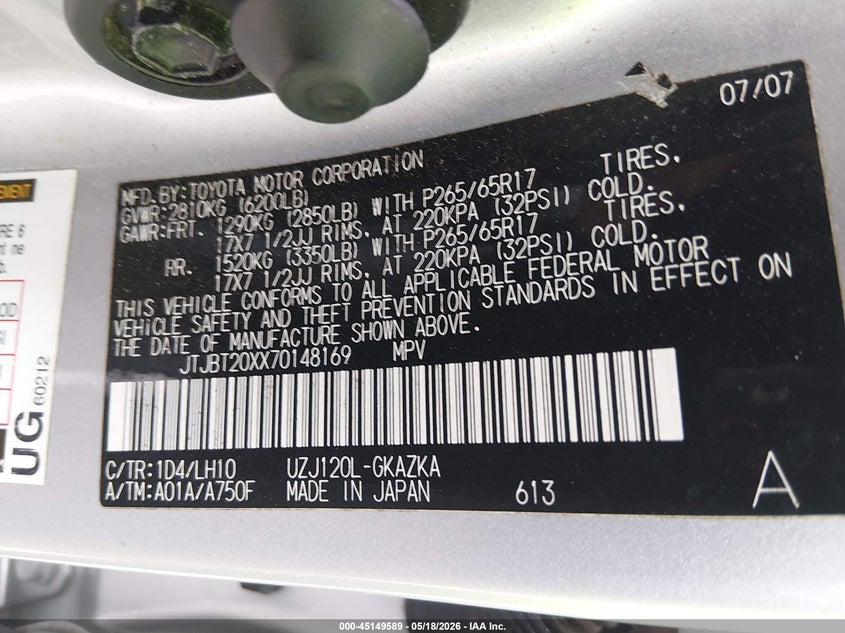 2007 Lexus Gx 470 VIN: JTJBT20XX70148169 Lot: 45149589