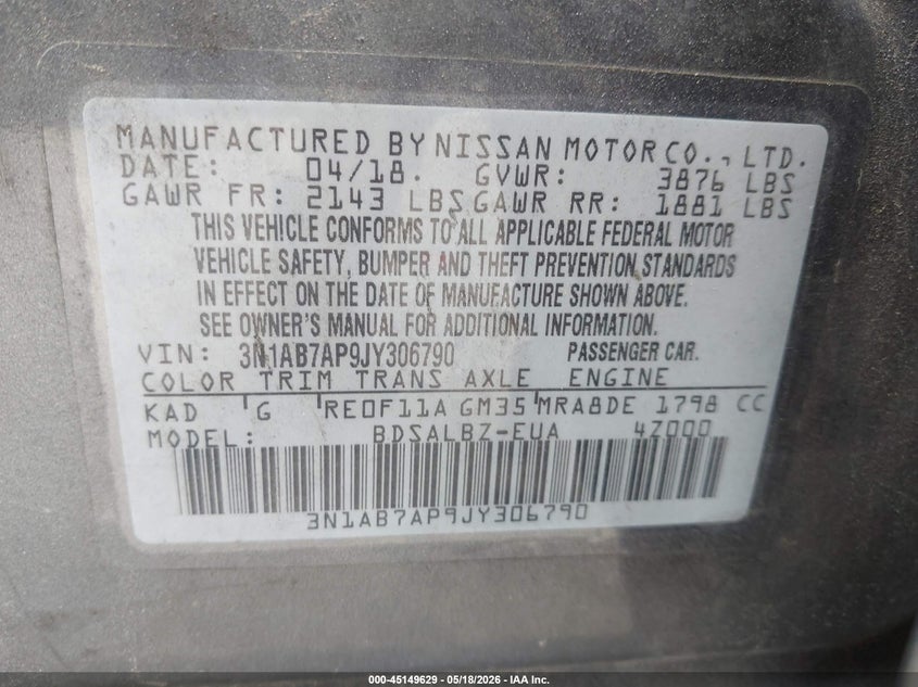 VIN 3N1AB7AP9JY306790 2018 NISSAN SENTRA S