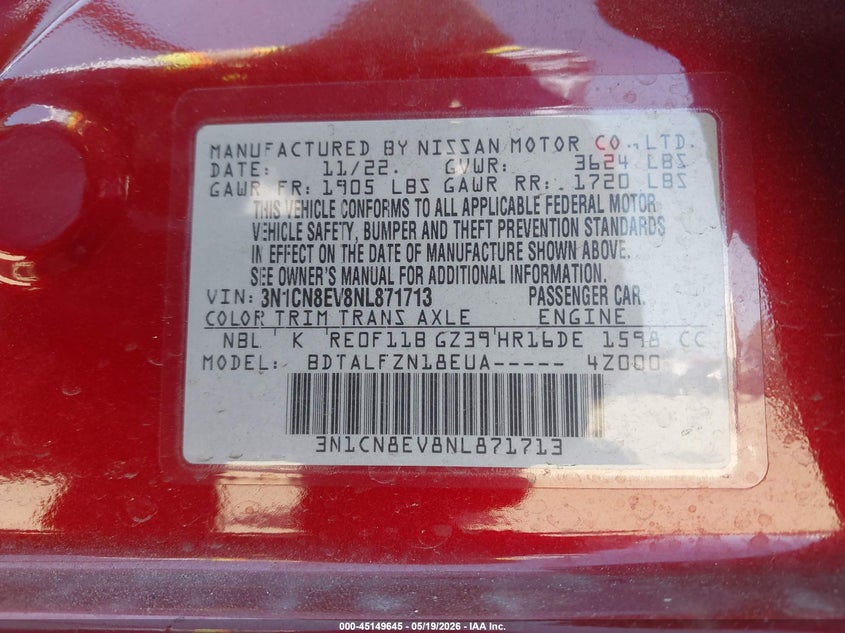 2022 Nissan Versa 1.6 Sv Xtronic Cvt VIN: 3N1CN8EV8NL871713 Lot: 45149645