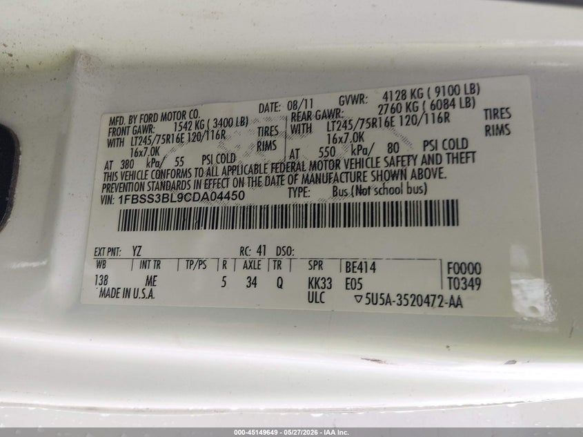 2012 Ford E-350 Super Duty Xlt VIN: 1FBSS3BL9CDA04450 Lot: 45149649