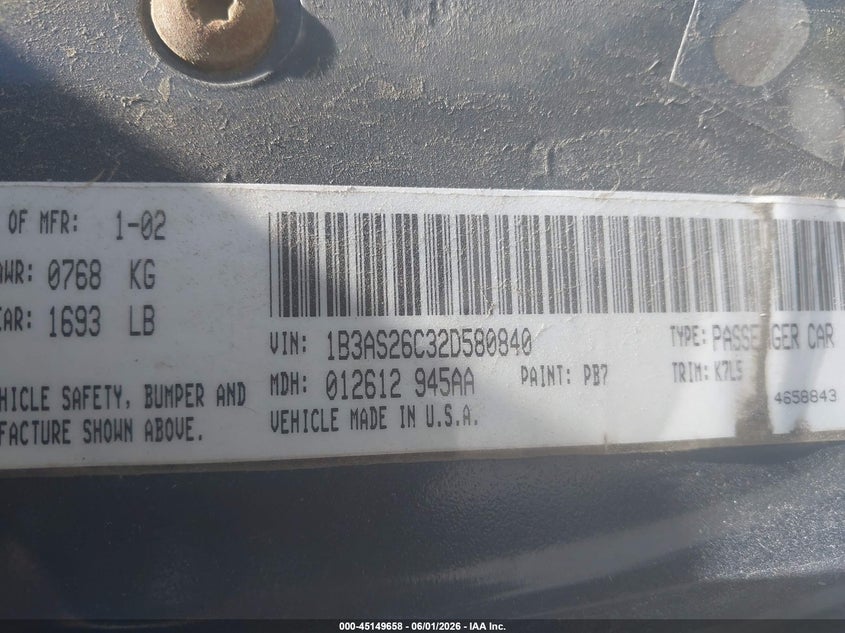 2002 Dodge Neon VIN: 1B3AS26C32D580840 Lot: 45149658