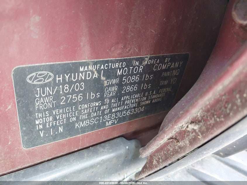 2003 Hyundai Santa Fe Gls/Lx VIN: KM8SC13E83U563304 Lot: 45149659