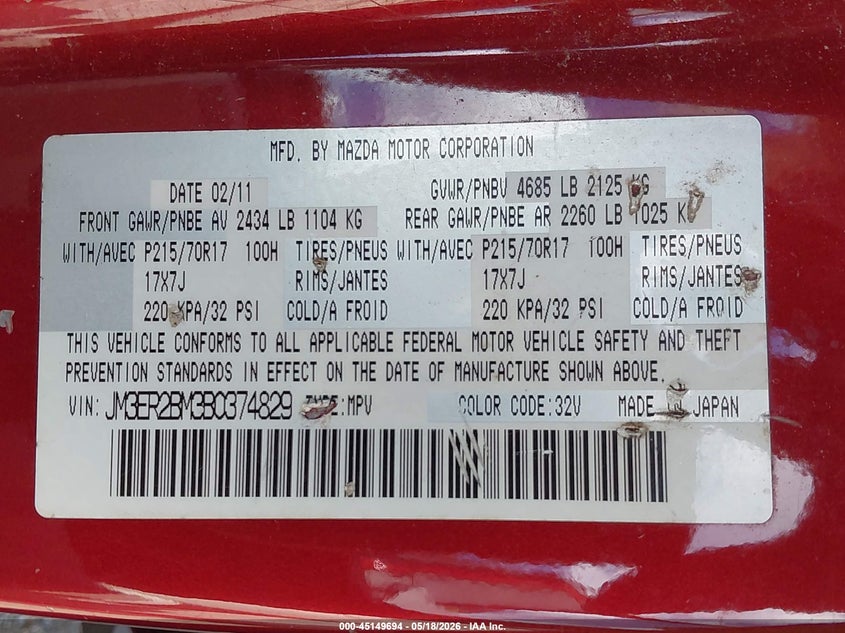 2011 Mazda Cx-7 2.5 I Sport Red Lot 111045149694 Vin JM3ER2BM3B0374829