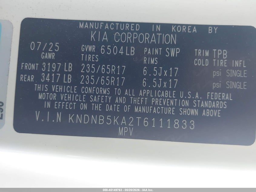 2026 Kia Carnival Mpv Hybrid Lxs VIN: KNDNB5KA2T6111833 Lot: 45149763