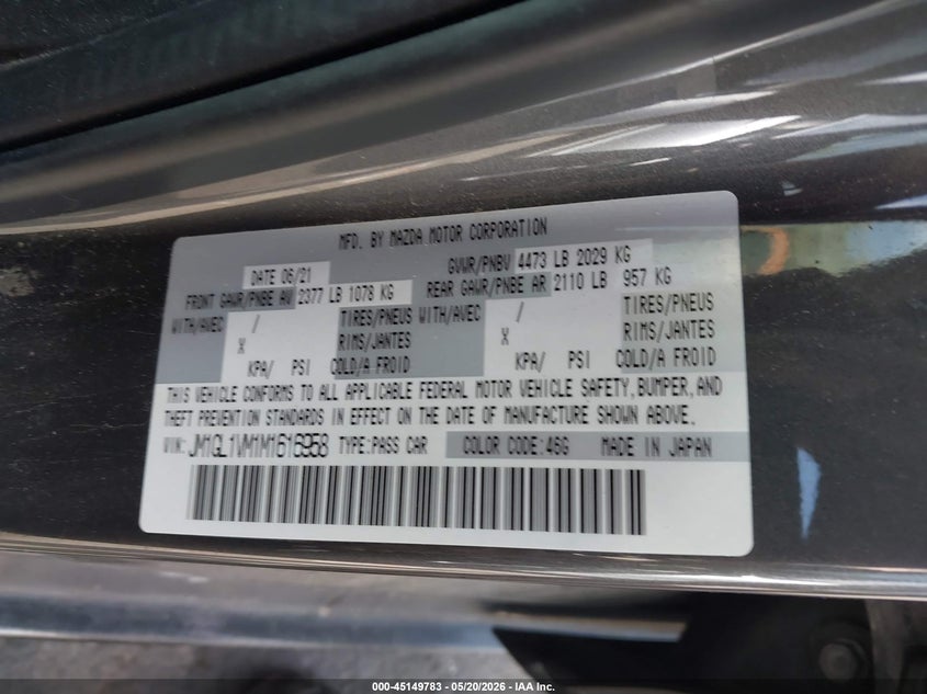 2021 MAZDA 6 SEDAN 2.5L I-4 DI, DOHC, VVT, 187HP