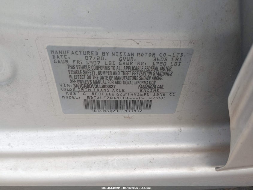 2020 NISSAN VERSA SEDAN 1.6L I-4 DOHC, VVT, 122HP