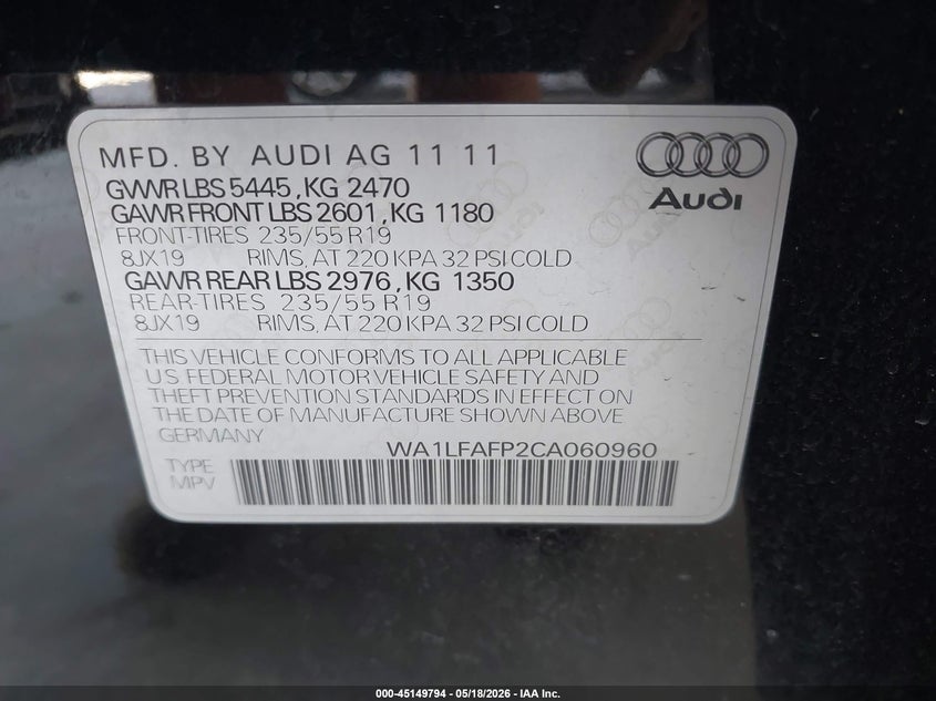 2012 Audi Q5 2.0 2.0T Premium black Lot 111045149794 Vin WA1LFAFP2CA060960