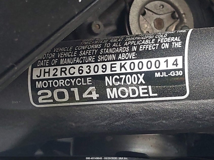 2014 Honda Nc700X VIN: JH2RC6309EK000014 Lot: 45149848