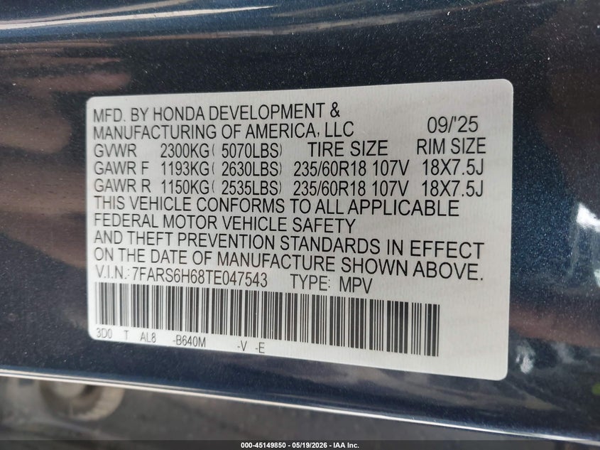 VIN 7FARS6H68TE047543 2026 HONDA CR-V HYBRID AWD TRAILSPORT