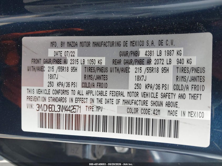 2022 MAZDA CX-30 SPORT UTILITY VEHICLE 2.5L I-4 DI, DOHC, VVT, 186HP