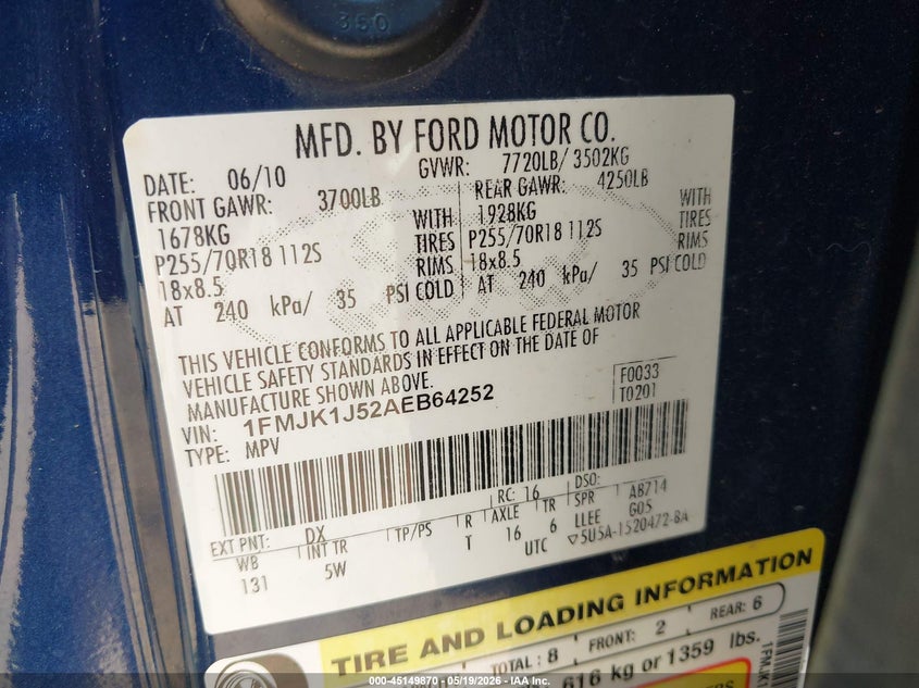 2010 Ford Expedition 5.4 El King Ranch Blue Lot 111045149870 Vin 1FMJK1J52AEB64252