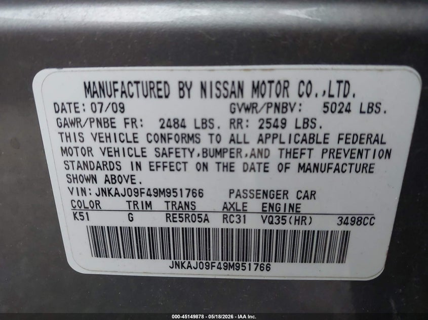 2009 Infiniti Ex35 Journey VIN: JNKAJ09F49M951766 Lot: 45149878