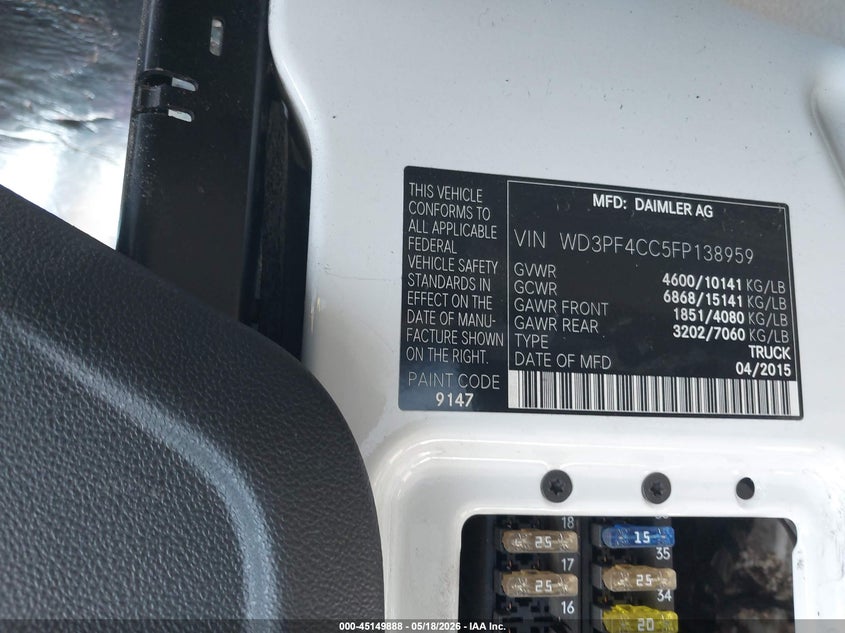 2015 Mercedes-Benz Sprinter 3500 High Roof VIN: WD3PF4CC5FP138959 Lot: 45149888