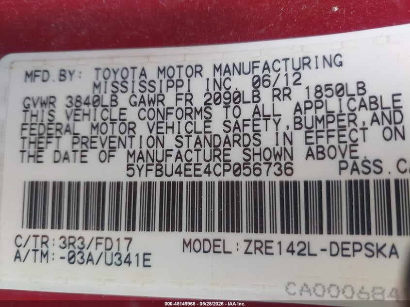 2012 Toyota Corolla 1.8 S red Lot 111045149968 Vin 5YFBU4EE4CP056736