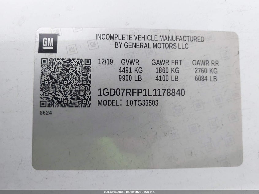 2020 GMC Savana Cutaway Work Van VIN: 1GD07RFP1L1178840 Lot: 45149985