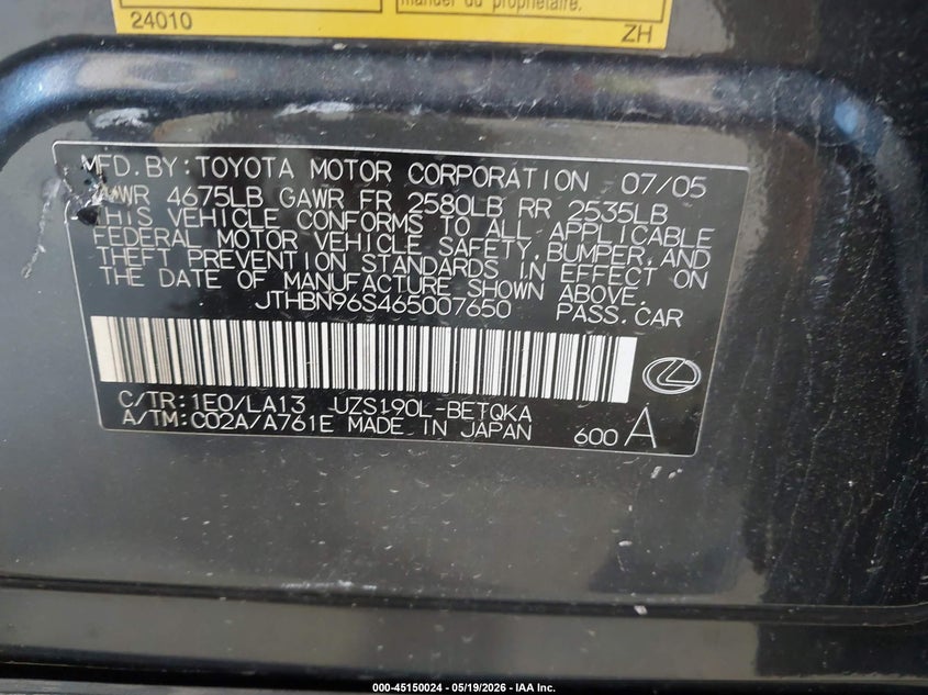 2006 Lexus Gs 430 VIN: JTHBN96S465007650 Lot: 45150024