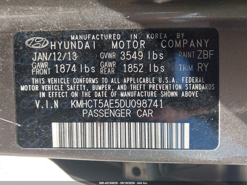 2013 HYUNDAI ACCENT HATCHBACK 1.6L I-4 DI, DOHC, VVT, 138HP