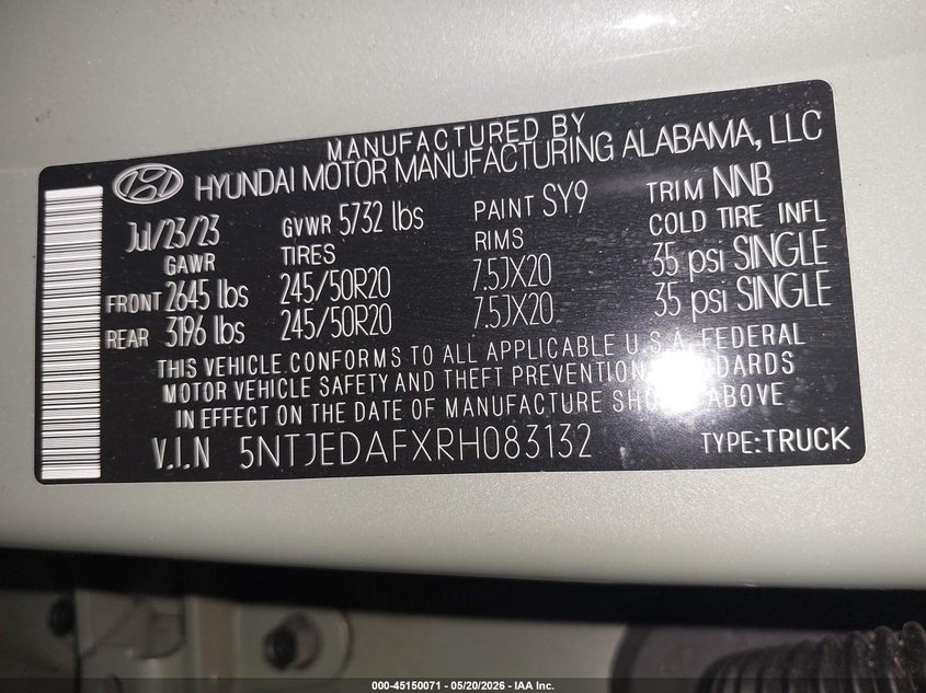 2024 Hyundai Santa Cruz Limited VIN: 5NTJEDAFXRH083132 Lot: 45150071