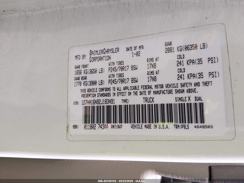 DODGE RAM 1500 2002 VIN 1D7HA16N92J183491