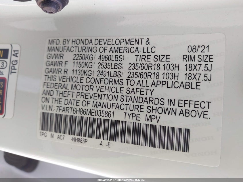 2021 HONDA CR-V HYBRID 2.0L I-4 DOHC, VVT, (VIN: 7FART6H86ME035861